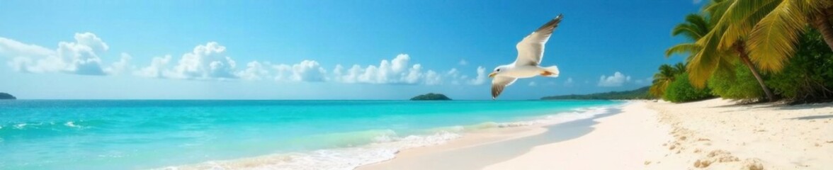 Fototapeta premium Seagull flying over a serene and empty tropical sandy ocean beach with palm trees , seagulls, palm trees