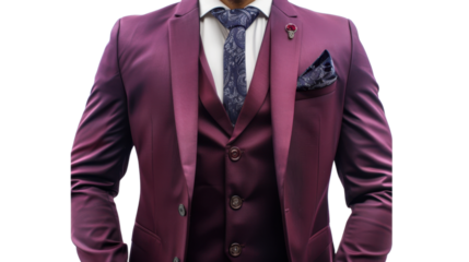 Businessman wearing purple suit with tie and pocket square on transparent background
