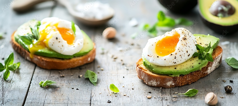 Poster freshly made avocado toast with poached eggs placed on the right, highlighted by a blurred backgroun