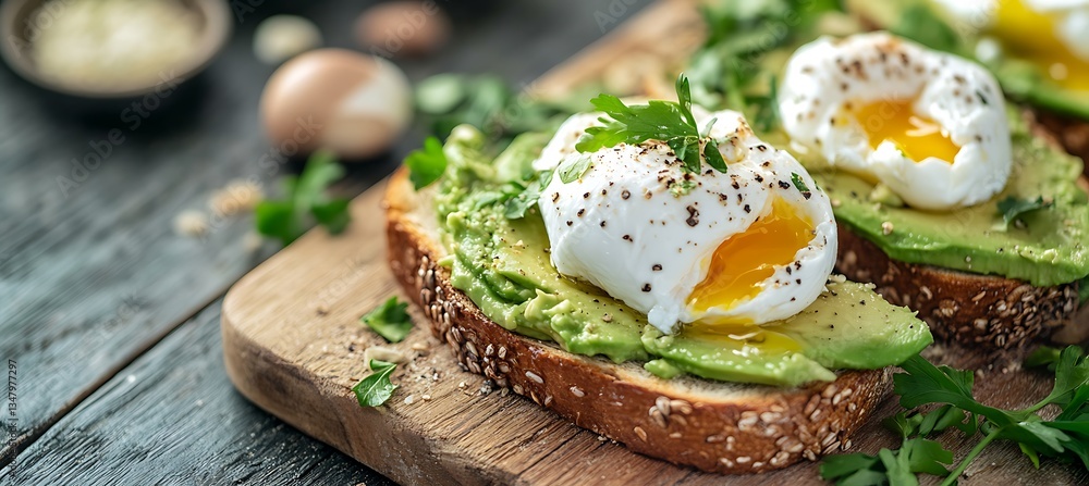 Aufkleber freshly made avocado toast with poached eggs placed on the right, highlighted by a blurred backgroun