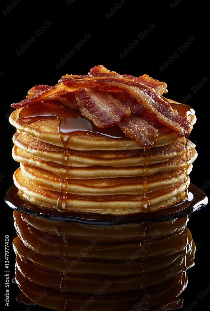 Poster delicious stack of fluffy pancakes topped with crispy bacon and drizzled with rich maple syrup on a 