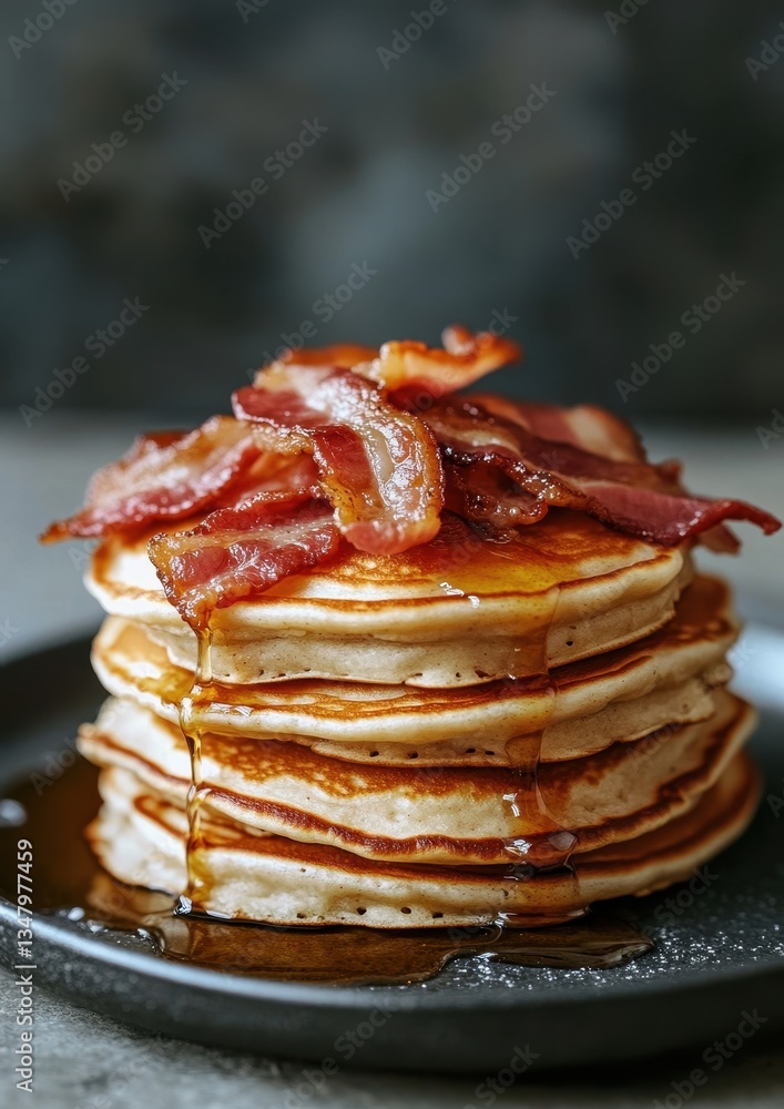 Poster delicious stack of fluffy pancakes topped with crispy bacon and drizzled with sweet maple syrup on a