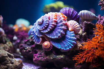 Obraz premium Beneath waves, a symphony of coexistence unfolds as sea fish and coral embrace one another, offering mutual protection and a profound sense of belonging in their harmonious abodes