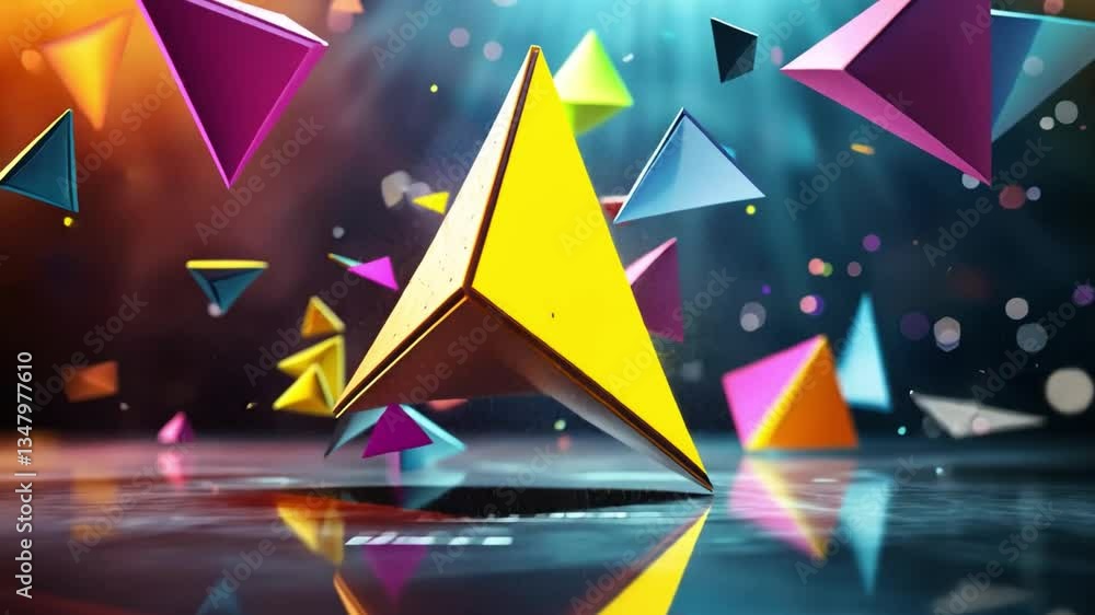 Poster vibrant geometric shapes in colorful yellow, purple, and blue float dynamically in abstract space, c