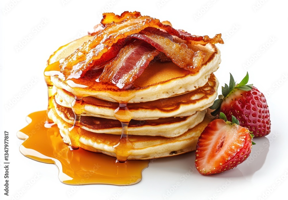 Poster delicious stack of pancakes with crispy bacon and fresh strawberries drizzled with maple syrup on a 
