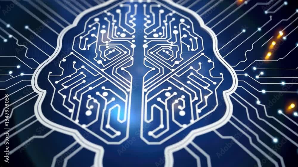 Poster exploring intersection of brain circuit patterns journey through technology, artificial intelligence