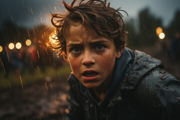 brooding visage of tempestuous rain clouds and crackling lightning, casting an aura of somber anticipation upon landscape