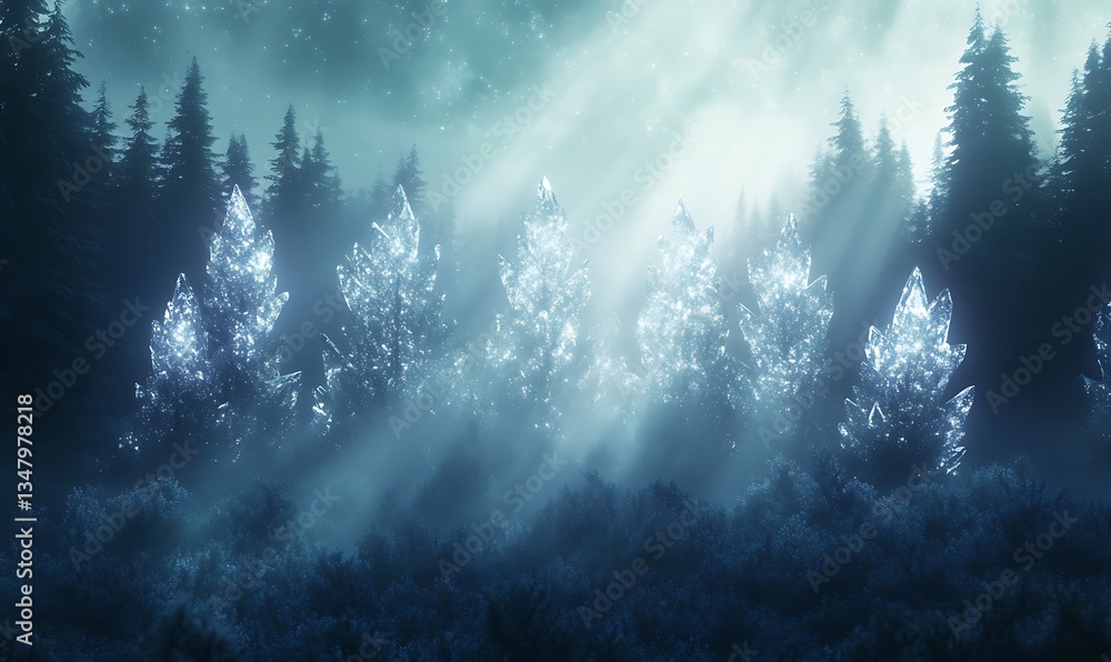 Fototapete a mystical forest scene with shimmering, crystal-like trees illuminated by soft rays of light throug
