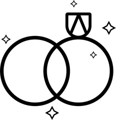 Outline wedding rings, black contour, simple, minimalist. Illustration, icon of rings with brilliant and shining stars around.