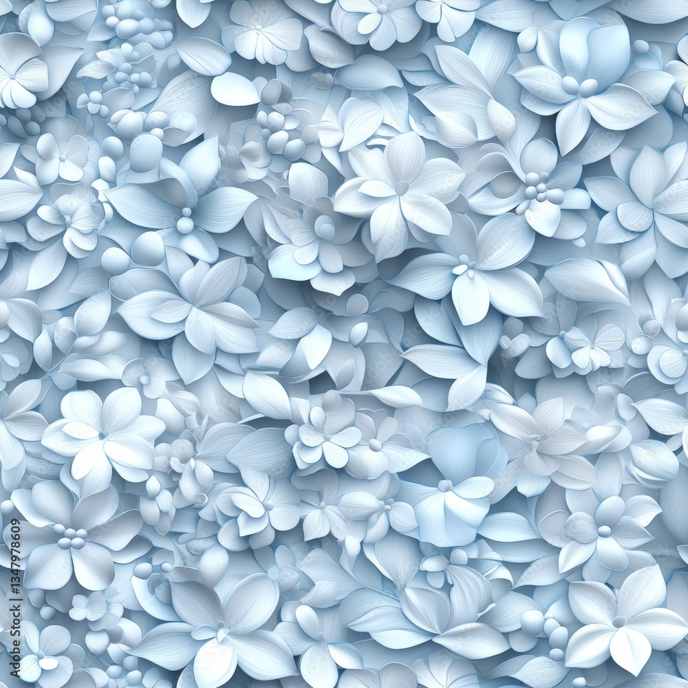 Aufkleber seamless pattern of light blue stylized paper flowers in various sizes creating a dense textured flo