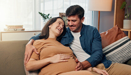 Pregnant woman, man and touch belly on couch, smile or laugh for baby kick, connection and love in house. Couple, parents and hug with care, support and happy with pregnancy for growth with stomach