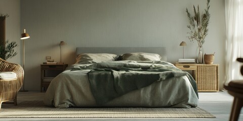 A cozy and modern bedroom is shown in warm neutral tones