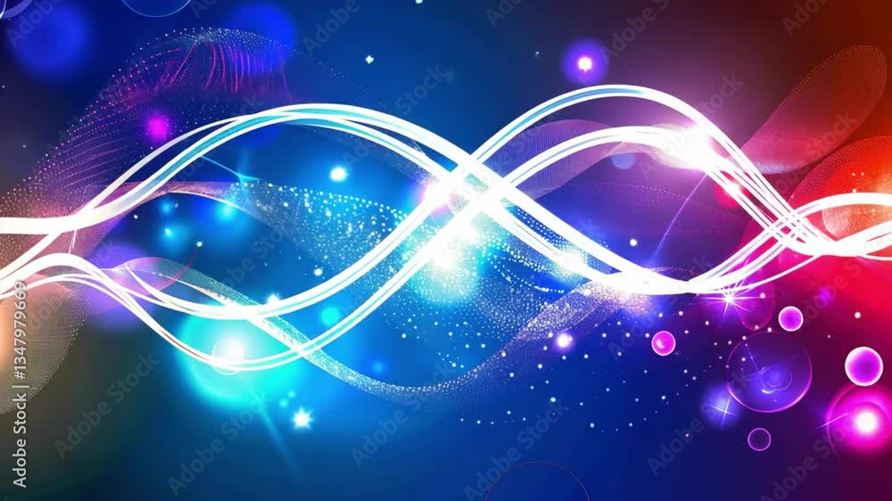 Poster colorful abstract wave design with glowing particles and dynamic lights, creating energetic movement