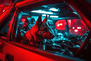 Alert Dog in a Car with Neon Lights and Dramatic Ambiance
