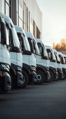A Line of White Delivery Trucks Parked in front of a Warehouse at Sunset or Sunrise