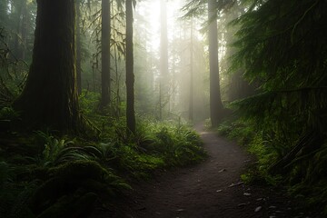 Obraz premium Misty Forest Path Surrounded by Towering Trees and Soft Fog