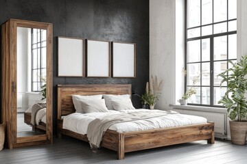 A cozy bedroom with wooden furniture and natural light