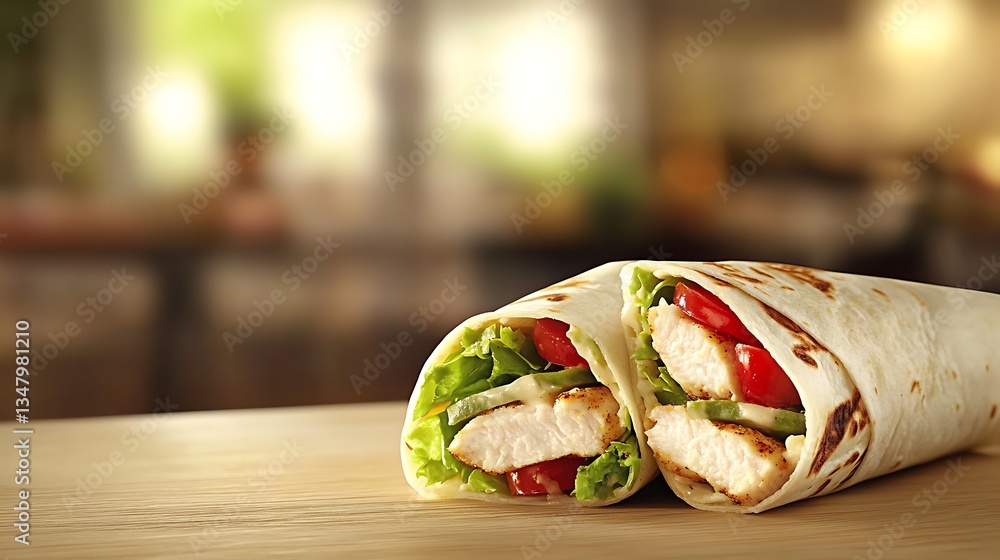 Poster a freshly made chicken caesar wrap cut in half and placed on the right with a blurry background, per