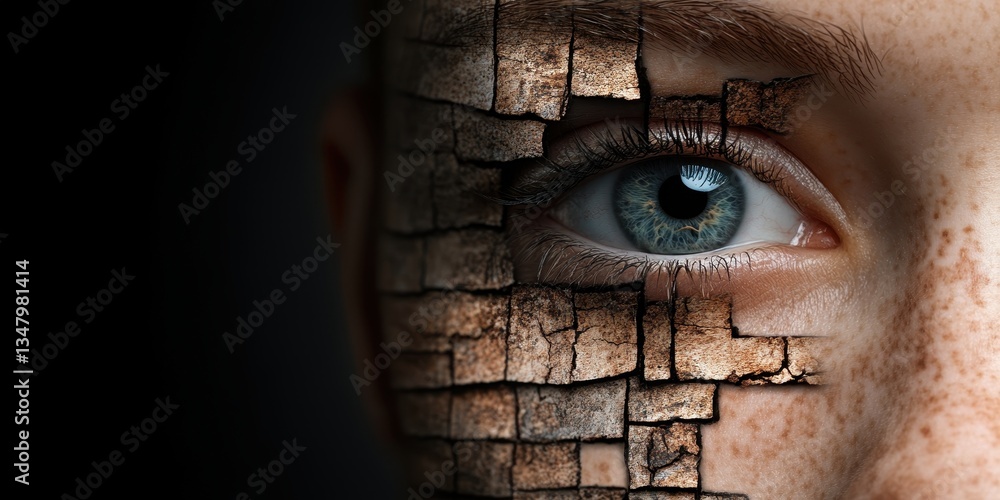 Poster an artful representation of a face with textured surfaces symbolizing identity and transformation in