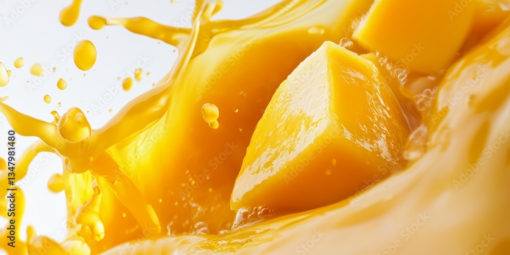 Aufkleber refreshing drink mango juice waves with floating fruit slices isolate on white background , 8k resol