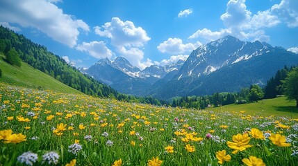 Fototapeta premium An idyllic mountain landscape in the Alps featuring blooming meadows in springtime, with lush greenery, vibrant wildflowers, and majestic peaks in the background. 
