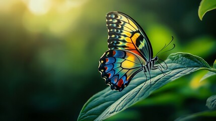 Fototapeta premium A Colorful Butterfly Resting On A Green Leaf With Sunlight