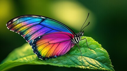 Obraz premium A beautiful butterfly with multicolored wings sits on a leaf