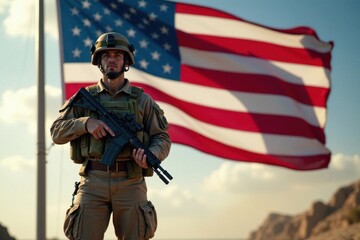 Naklejka premium Soldier stands proudly holding machine gun with waving national flag in the background, patriotism, landscape, country