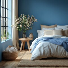 Warm Bedroom with Livid Blue Wall and Wooden Nightstand