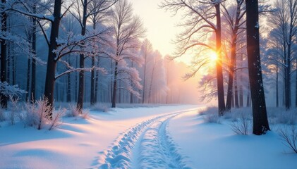 Naklejka premium Snowy forest landscape with bare trees and frosty air, forest, frost, frozen