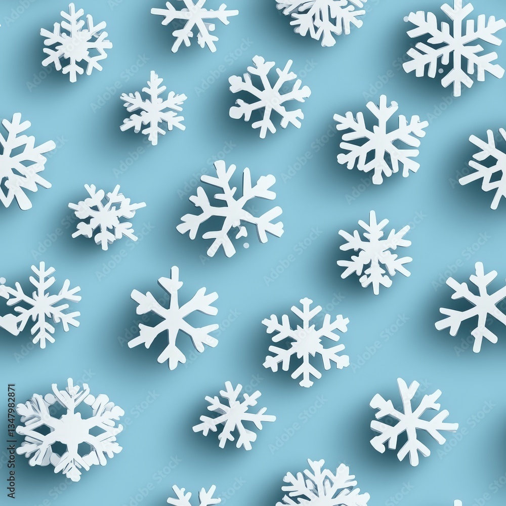 Poster festive winter background featu an array of delicate white paper snowflake cutouts scattered on a so