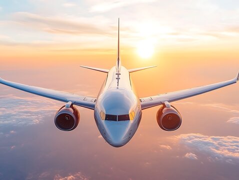An airplane flying high through a beautiful sunset sky