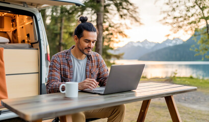 A man freelancer sits at table and works on his laptop near a travel van in the backdrop of beautiful nature during his weekend in the wilderness. Remote work during a trip.