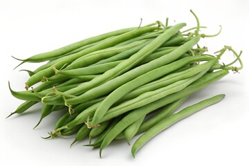 Fototapeta premium Ejote neatly stacked, fresh and crisp green beans placed on a white clean surface