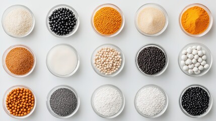 Assorted spices and grains in glass bowls