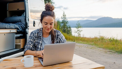 A woman freelancer sits at table and works on her laptop near a travel van in the backdrop of beautiful nature during her weekend in the wilderness. Remote work during a trip.