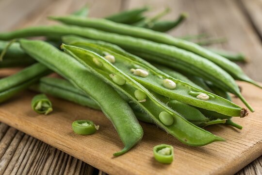 Fresh ejote cut into pieces, green vegetable placed on wooden board for cooking