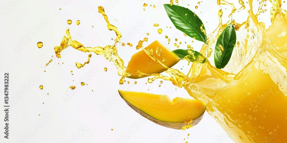 Aufkleber refreshing drink mango juice waves with floating fruit slices isolate on white background , 8k resol