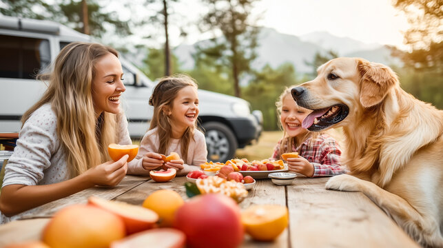 Happy cheerful family of mother, her daughters and golden retriever dog are sitting at wooden table and eating fresh fruits during summer vacation against the backdrop of nature with travel van.