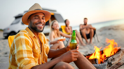 Smiling african american man with beer in hand sitting against the backdrop of group friends of men and women drinking alcohol and having fun together on beach with travel van.