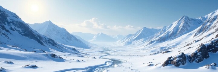 Obraz premium Snowy planetary landscape with frozen mountains and valleys, frozen landscape, winter
