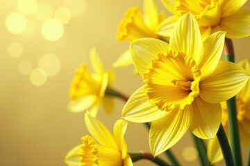 Sunny daffodil petals shimmering with golden foil texture, bright, shiny yellow leaf gold foil texture, foliage