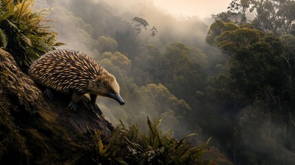 Western Long Beaked Echidna scaling gentle slope highland forest strong limb adapting rugged terrain ease Rolling fog distant jungle ridge create dramatic backdrop Gimbal head tracking ISO 3200