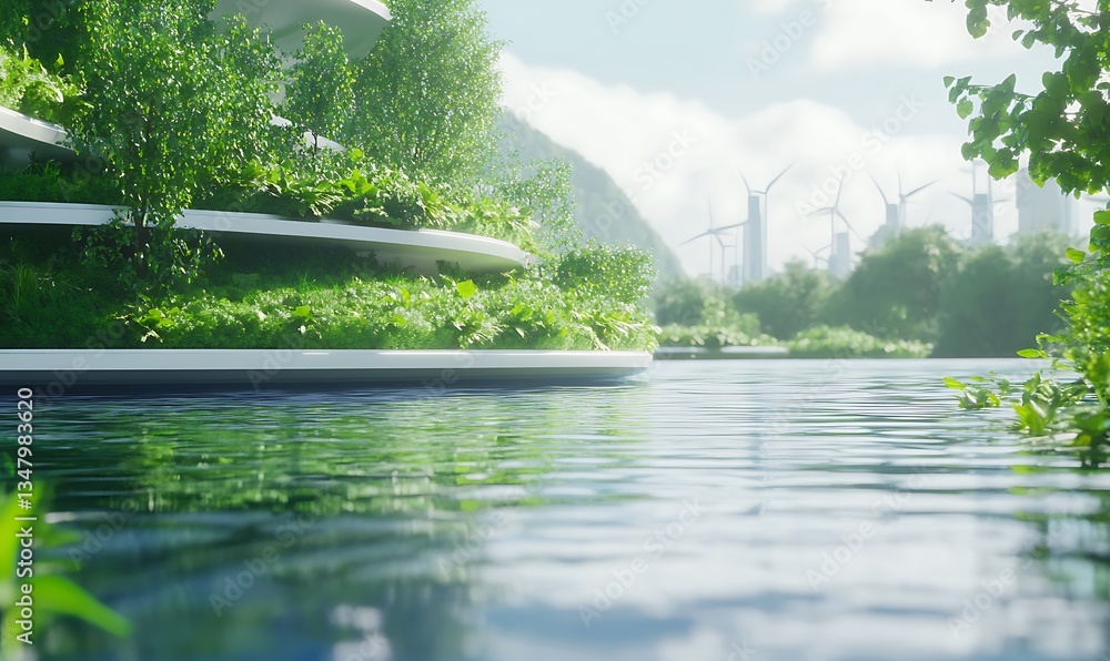 Poster a serene landscape featuring modern architecture with lush greenery and wind turbines beside a calm 