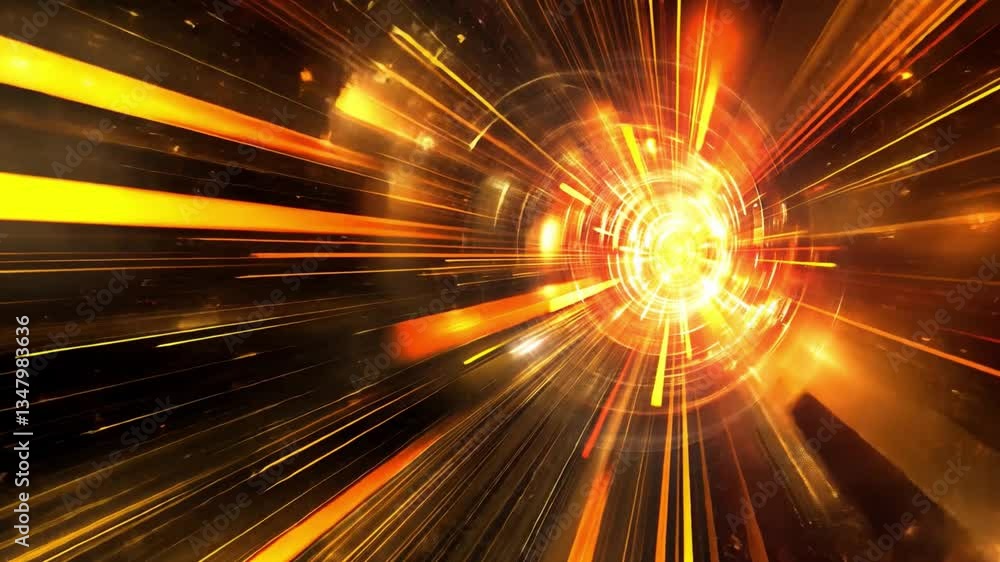 Poster dynamic light rays create vibrant explosion of orange and yellow hues, evoking energy and motion in 