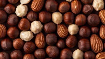 Obraz premium Assorted nuts and chocolate-covered treats in a close-up view