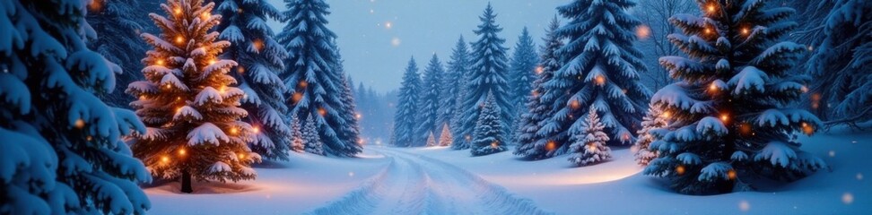 Obraz premium Snowy winter forest with Christmas trees and twinkling lights, festive, christmas