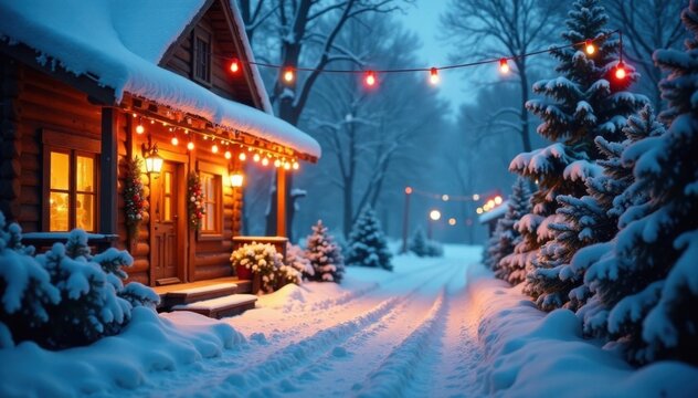 Snowy winter scene with festive decorations and colorful lights, christmas, winter