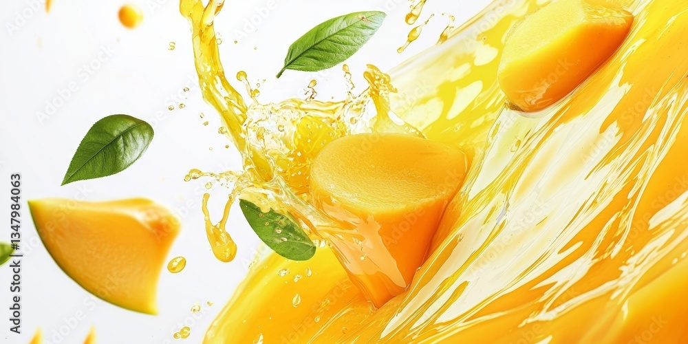 Aufkleber refreshing drink mango juice waves with floating fruit slices isolate on white background , 8k resol