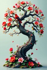 Obraz premium Swirly branches of a ornamental tree surrounded by vibrant flowers and birds, garden, nature, swirly branches